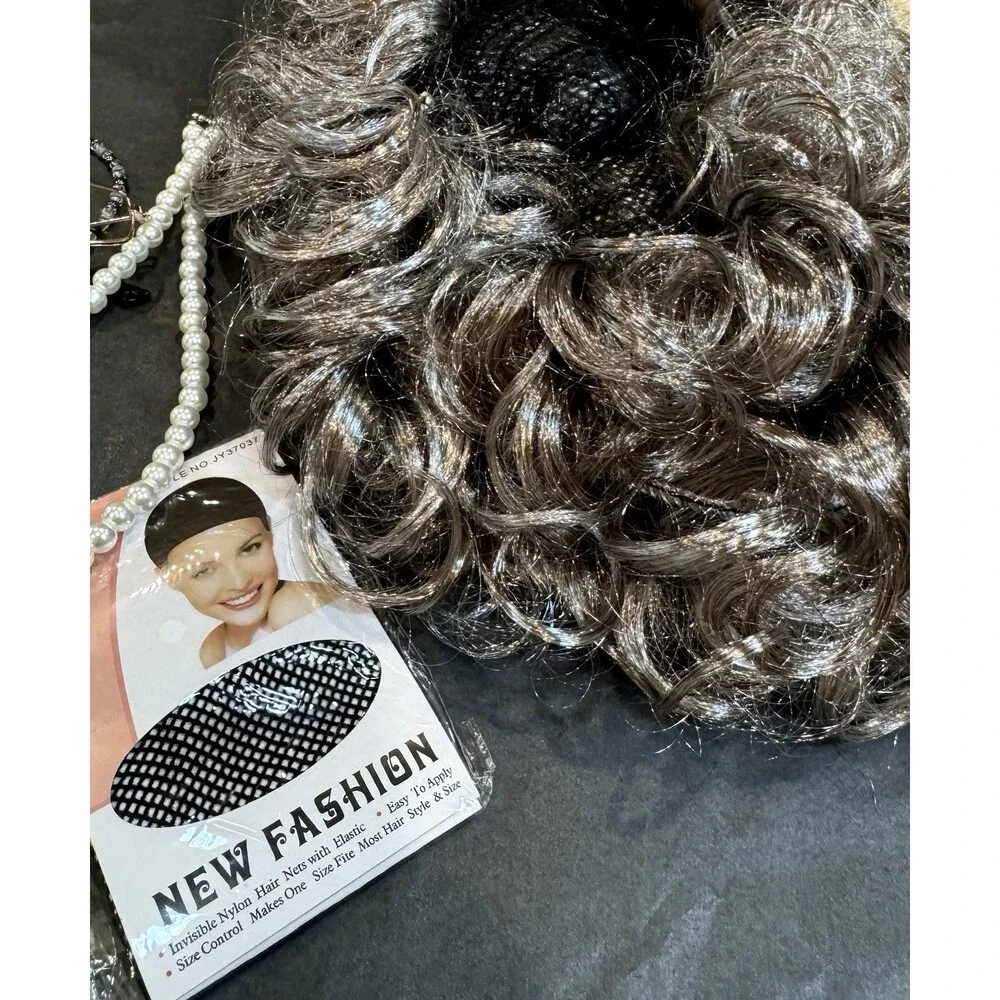 Granny Wig Old Lady Costume 5 Piece Set Accessories Pearls Hairnet Glasses